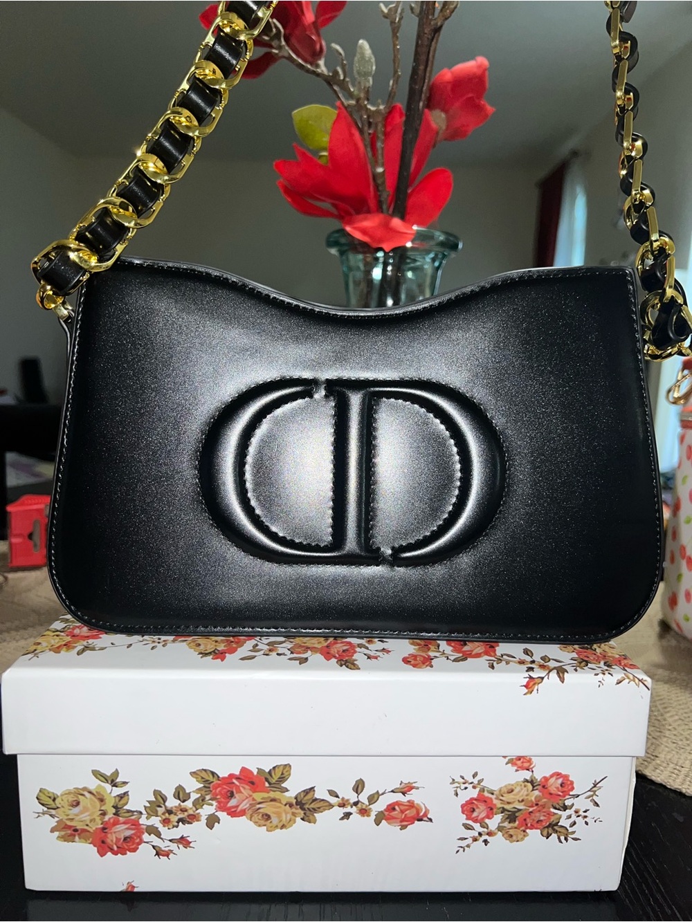 Black Shoulder Bag with Gold Chain Strap